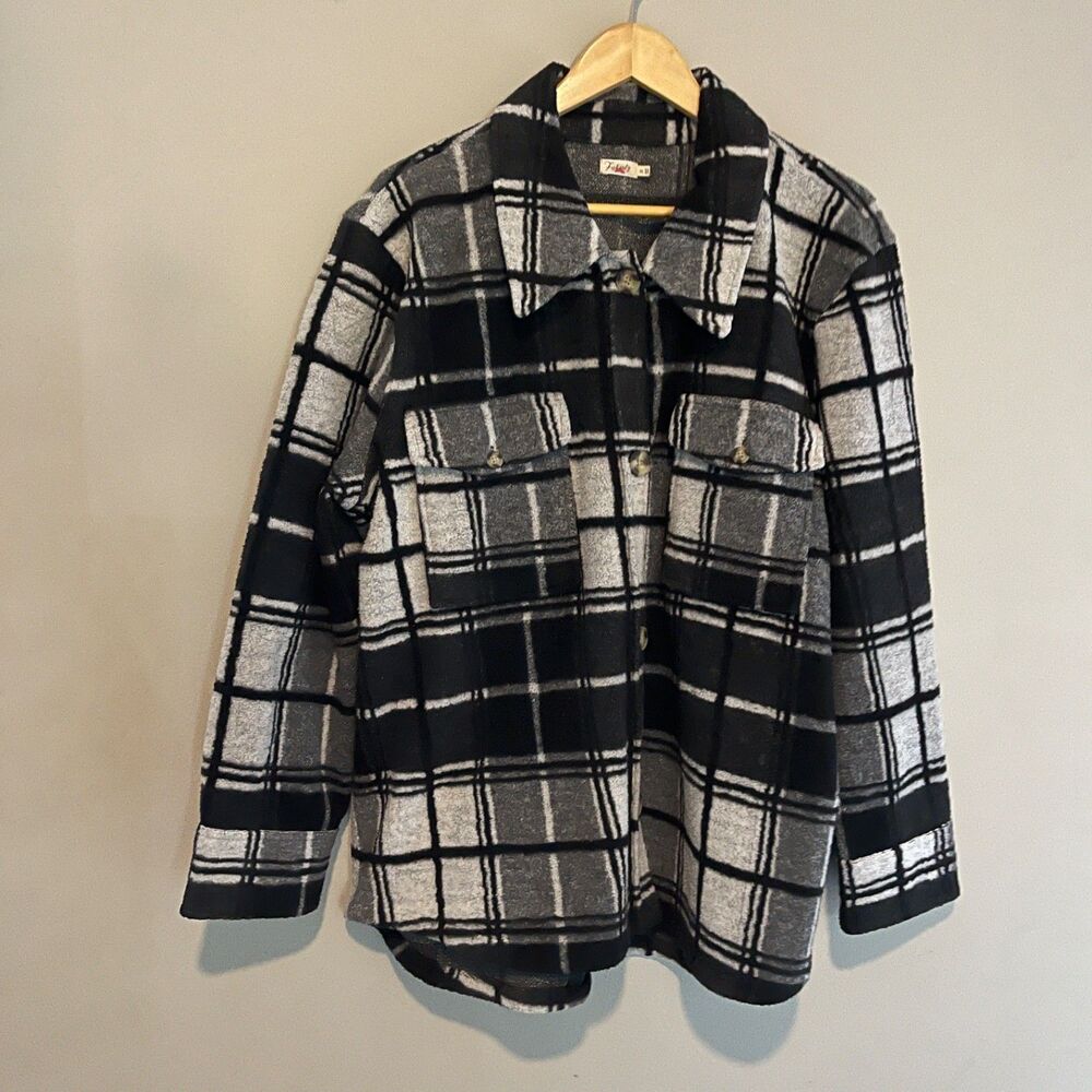 Faherty Womens Holden High Pile Fleece Jacket XL Blk White Button Up Shacket